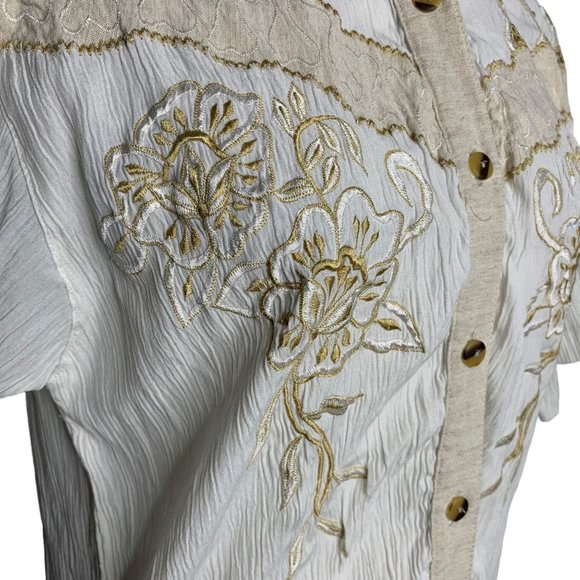 Vintage 90s Button Up Crinkle Blouse M White Short Sleeve Embroidered Cut Outs - Picture 4 of 9